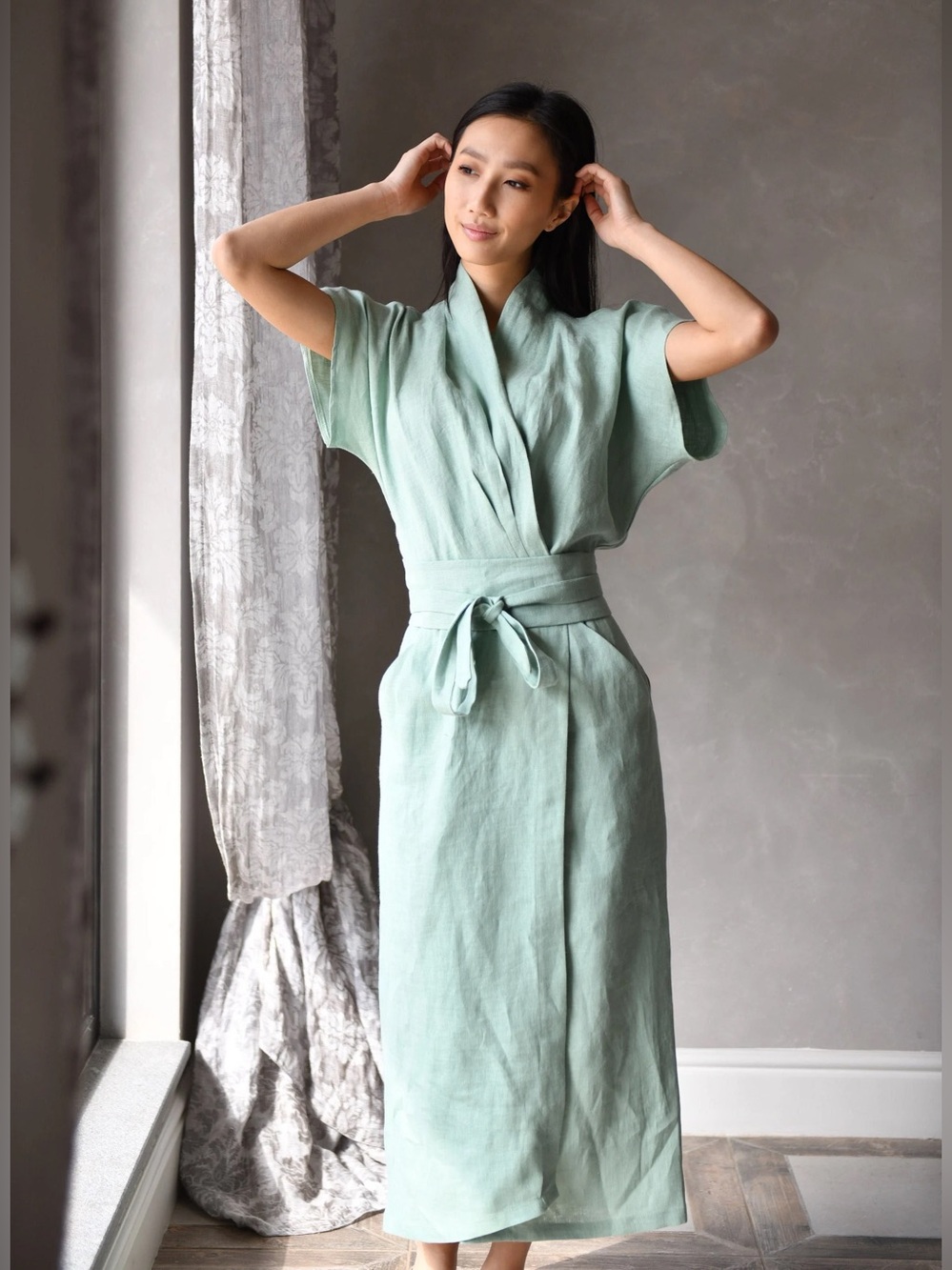 Linenfairytales SMALL 100% linen mint green kimono style belted midi dress - Picture 2 of 7